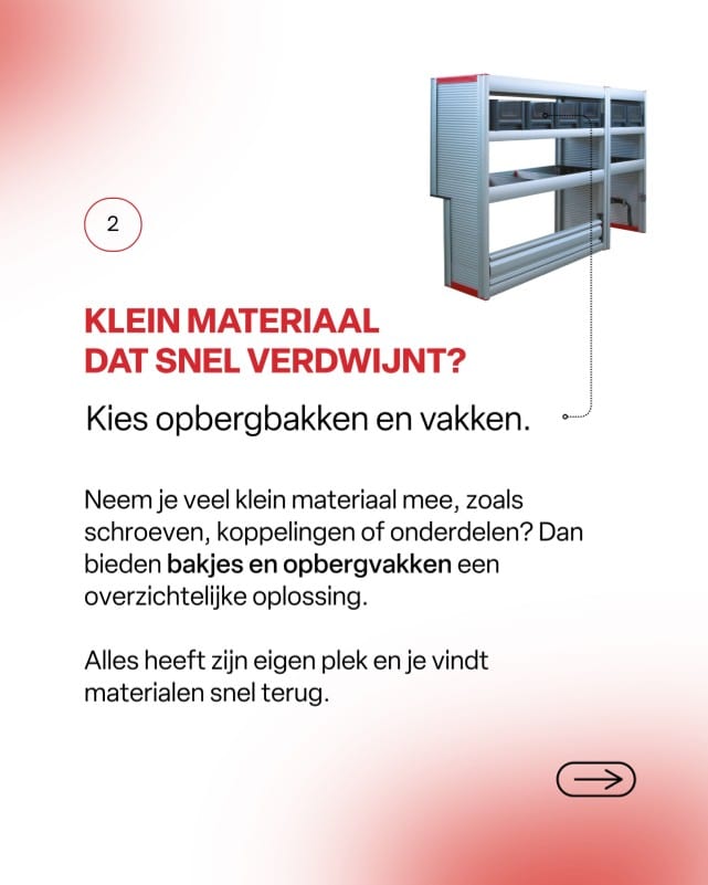 Opbergbakken en vakken voor klein materiaal in een bedrijfswagen
